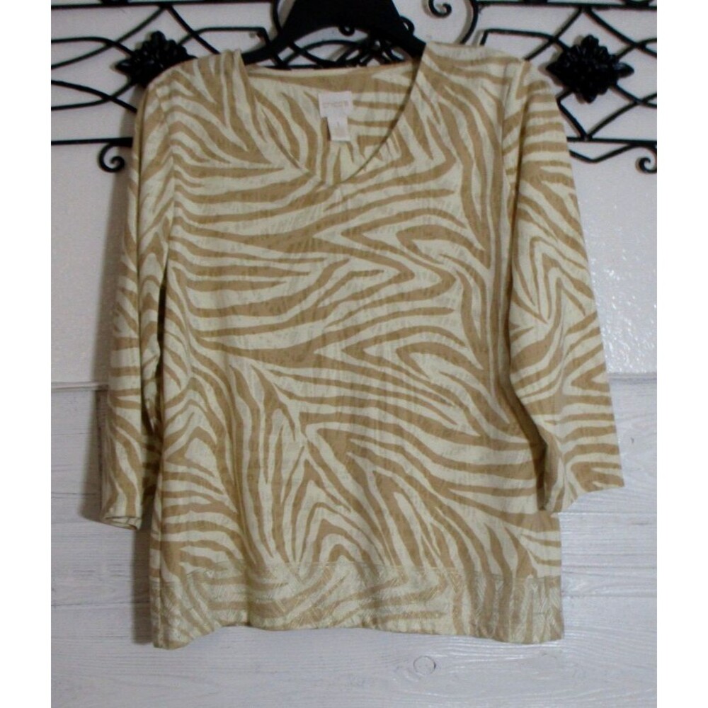Chico's Women's Knit Top Size 1 US M Long Sleeve Multicolor Round Neck